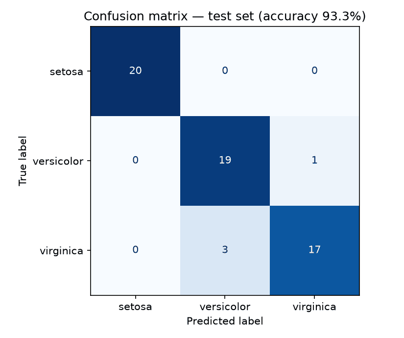 Confusion matrix on the test set, 93.3% accuracy. Setosa 20 of 20 correct; versicolor 19 correct and 1 predicted as virginica; virginica 17 correct and 3 predicted as versicolor.